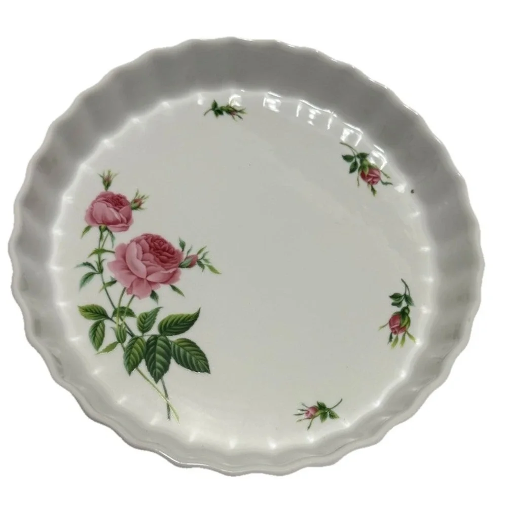 Pretty Pink Rose 9.5 Porcelain Fluted Quiche Tart Dish Christineholm VTG Cottage